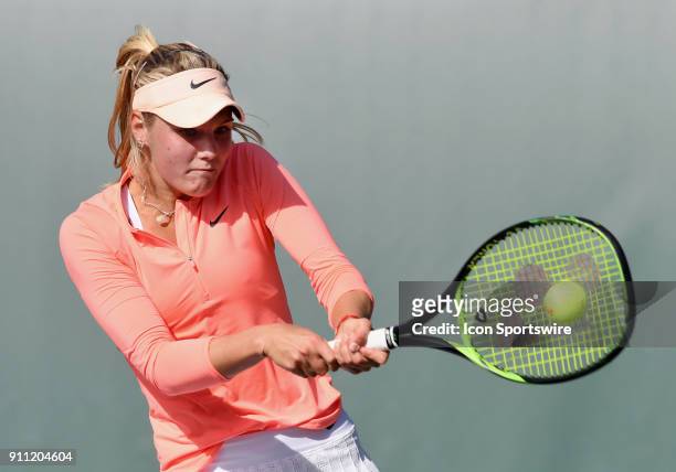 Sofya Zhuk hits a backhand shot during a semifinal match against Mayo Hibi during the Oracle Challenger Series played at the Newport Beach Tennis...