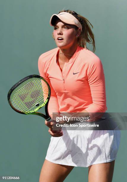 Sofya Zhuk in action during a semifinal match against Mayo Hibi during the Oracle Challenger Series played at the Newport Beach Tennis Club in...