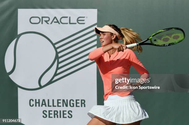 Sofya Zhuk returns a shot during a semifinal match against Mayo Hibi during the Oracle Challenger Series played at the Newport Beach Tennis Club in...