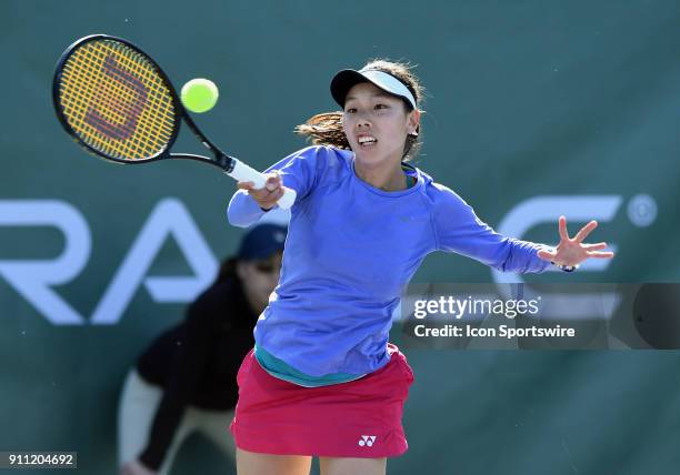 Mayo Hibi returns a shot during a semifinal match against Sofya Zhuk during the Oracle Challenger Series played at the Newport Beach Tennis Club in...