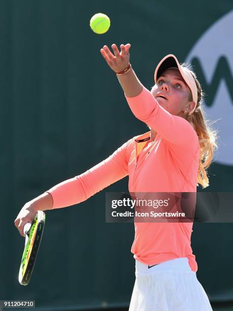 Sofya Zhuk serving during a semifinal match against Mayo Hibi during the Oracle Challenger Series played at the Newport Beach Tennis Club in Newport...