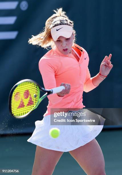 Sofya Zhuk hits a forehand shot during a semifinal match against Mayo Hibi during the Oracle Challenger Series played at the Newport Beach Tennis...