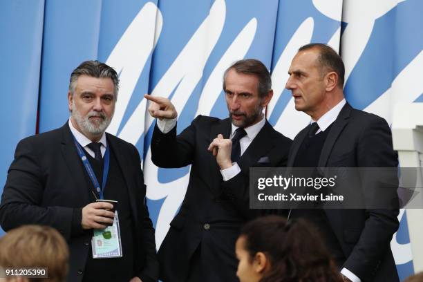 President Laurent Nicollin of Montpellier Herault SC , Jean-Claude Blanc of PSG and Michel Der-Zakarian during the Ligue 1 match between Paris...