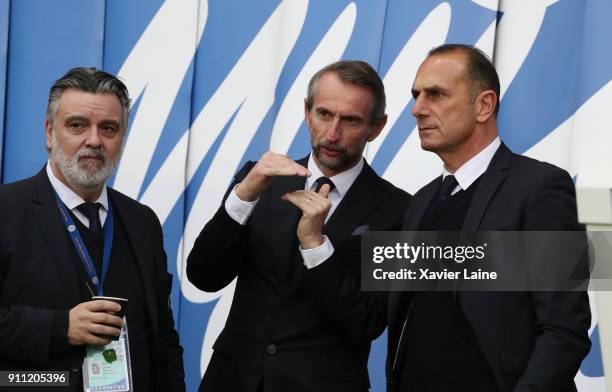 President Laurent Nicollin of Montpellier Herault SC , Jean-Claude Blanc of PSG and Michel Der-Zakarian during the Ligue 1 match between Paris...