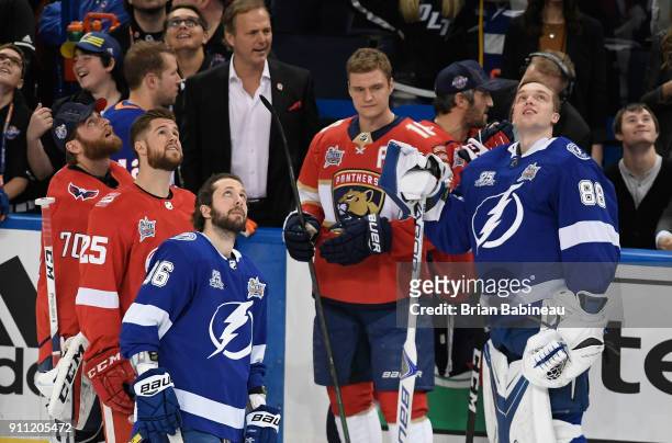 Braden Holtby of the Washington Capitals, Mike Green of the Detroit Red Wings, Nikita Kucherov of the Tampa Bay Lightning and Andrei Vasilevskiy of...