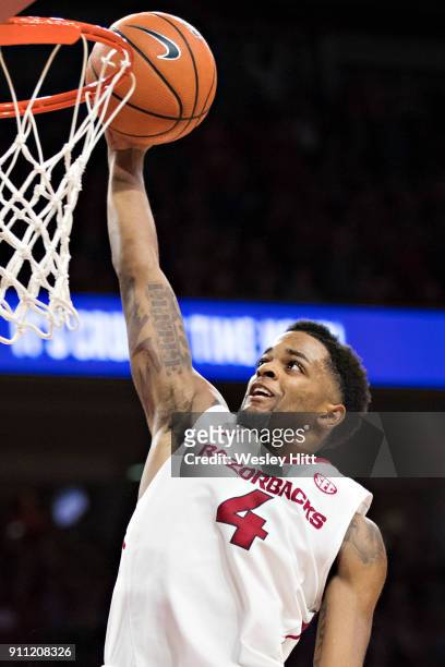 Daryl Macon of the Arkansas Razorbacks goes up for a lay up during a game against the Oklahoma State Cowboys at Bud Walton Arena on January 27, 2018...