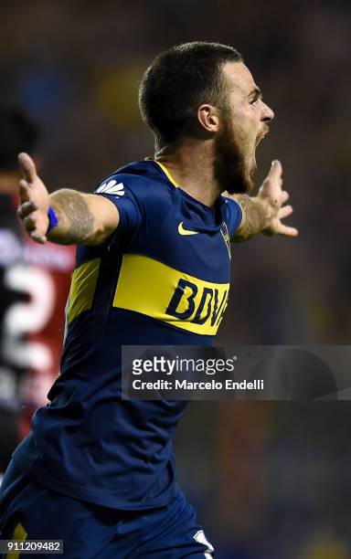 Nahitan Nandez of Boca Juniors celebrates after scoring the second goal of his team during a match between Boca Juniors and Colon as part of the...