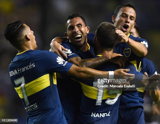 Nahitan Nandez of Boca Juniors celebrates with teammates Leonardo Jara , Carlos Tevez and Cristian Pavon after scoring the second goal of his team...