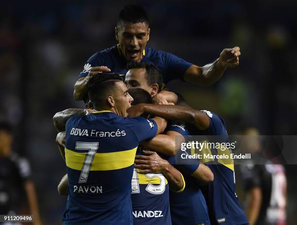 Nahitan Nandez of Boca Juniors celebrates with teammates after scoring the second goal of his team during a match between Boca Juniors and Colon as...