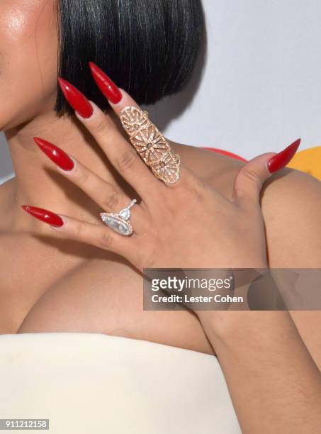 Recording artist Cardi B, fashion detail, attends the Clive Davis and Recording Academy Pre-GRAMMY Gala and GRAMMY Salute to Industry Icons Honoring...