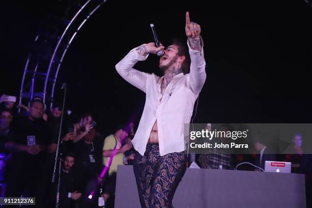 Post Malone performs on stage at the Pegasus World Cup Invitational's LIV Boardwalk Pop-Up at Gulfstream Park on January 27, 2018 in Hallandale,...