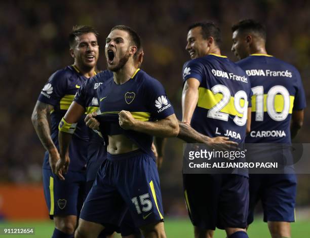 Boca Juniors' Uruguayan midfielder Nahitan Nandez celebrates after scoring the team's second goal against Colon during their Argentina First Division...