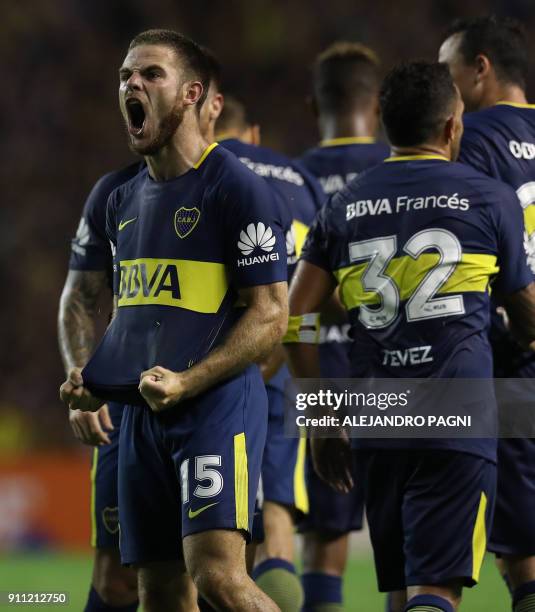 Boca Juniors' Uruguayan midfielder Nahitan Nandez celebrates after scoring the team's second goal against Colon during their Argentina First Division...