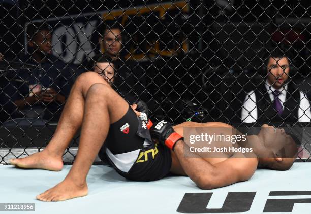 Ronaldo Souza of Brazil celebrates his victory over Derek Brunson in their middleweight bout during a UFC Fight Night event at Spectrum Center on...