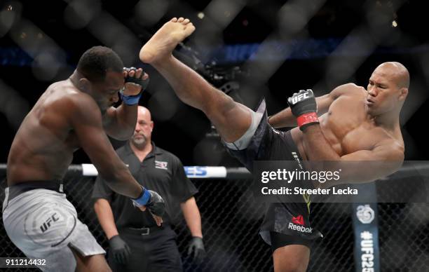 Ronaldo "Jacare" Souza of Brazil knocks out Derek Brunson during UFC Fight Night at Spectrum Center on January 27, 2018 in Charlotte, North Carolina.