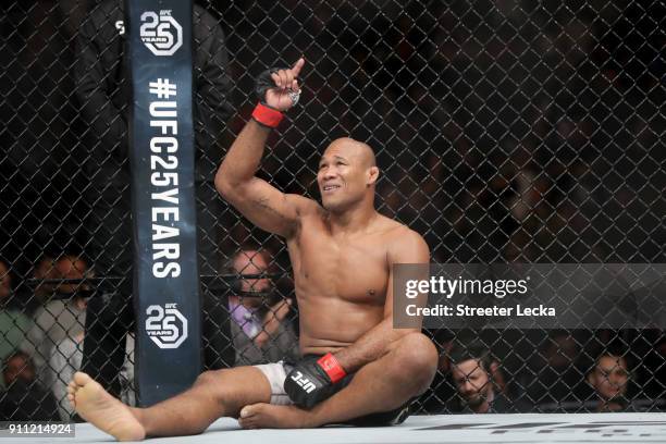 Ronaldo "Jacare" Souza of Brazil celebrates after defeating Derek Brunson in their middleweight bout during UFC Fight Night at Spectrum Center on...