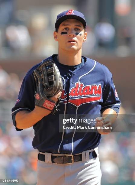 Grady Sizemore of the Cleveland Indians looks on against the Detroit Tigers during the game at Comerica Park on September 3, 2009 in Detroit,...