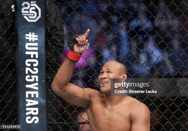 Ronaldo "Jacare" Souza of Brazil celebrates after defeating Derek Brunson in their middleweight bout during UFC Fight Night at Spectrum Center on...