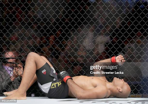 Ronaldo "Jacare" Souza of Brazil celebrates after defeating Derek Brunson in their middleweight bout during UFC Fight Night at Spectrum Center on...