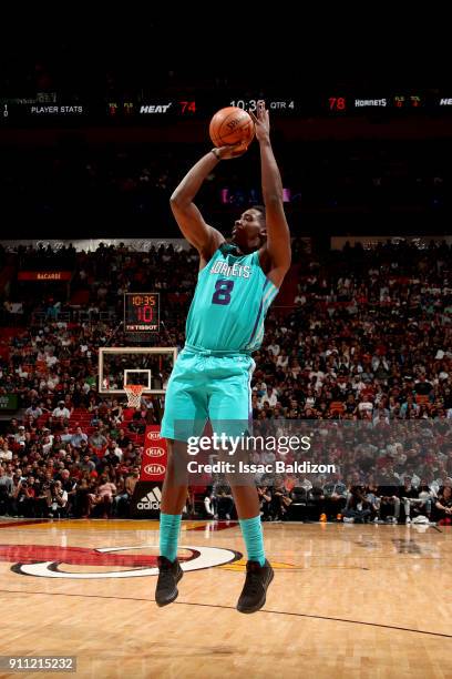 Johnny O'Bryant III of the Charlotte Hornets shoots the ball against the Miami Heat on January 27, 2018 at American Airlines Arena in Miami, Florida....