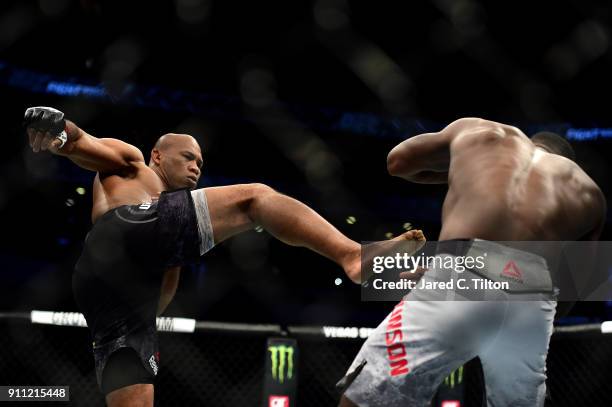 Ronaldo "Jacare" Souza of Brazil knocks down Derek Brunson in their middleweight bout during the UFC Fight Night event inside the Spectrum Center on...