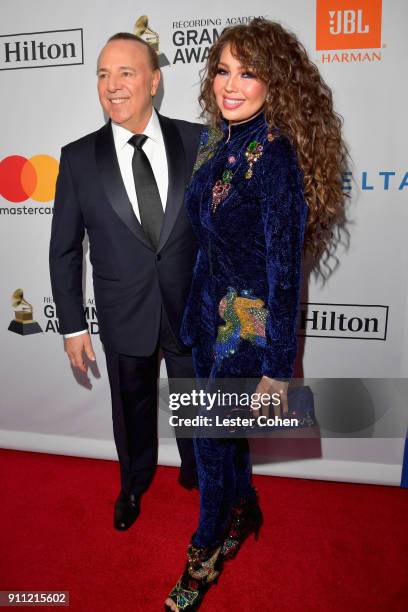 Casablanca Records Co-Owner Tommy Mottola and recording artist Thalia attend the Clive Davis and Recording Academy Pre-GRAMMY Gala and GRAMMY Salute...