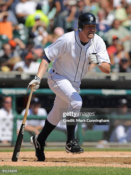 Aubrey Huff of the Detroit Tigers bats against the Cleveland Indians during the game at Comerica Park on September 3, 2009 in Detroit, Michigan. The...