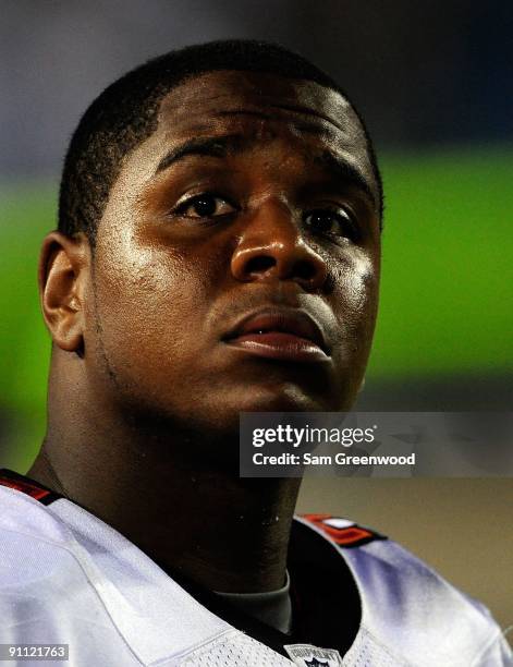 Byron Leftwich of the Tampa Bay Buccaneers watches the action during the game against the Jacksonville Jaguars at Jacksonville Municipal Stadium on...