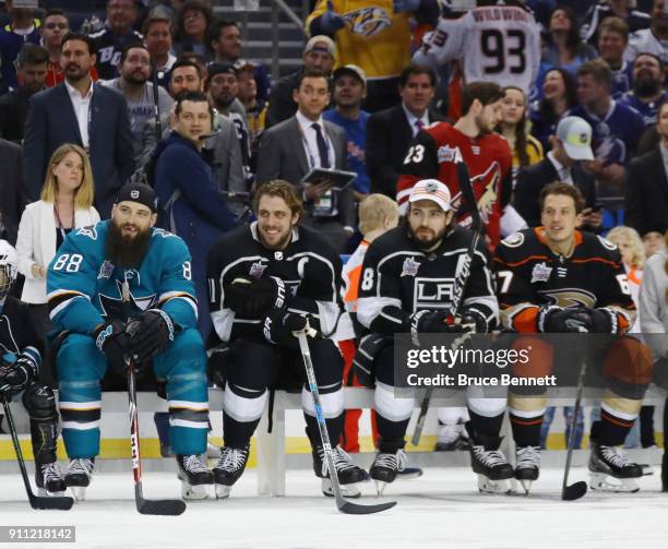 Brent Burns of the San Jose Sharks, Anze Kopitar of the Los Angeles Kings, Drew Doughty of the Los Angeles Kings and Rickard Rakell of the Anaheim...