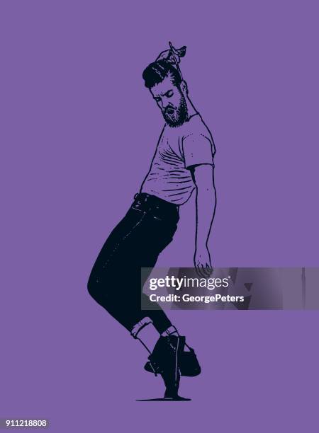 ヴィンテージ 1950 年代若いヒップな男踊りと髪をとかす - ストリートスナップ　縦位置点のイラスト素材／クリップアート素材／マンガ素材／アイコン素材