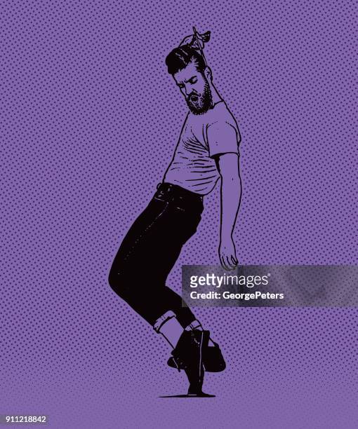 vintage 1950's young hipster man dancing and combing hair - swing dancing stock illustrations