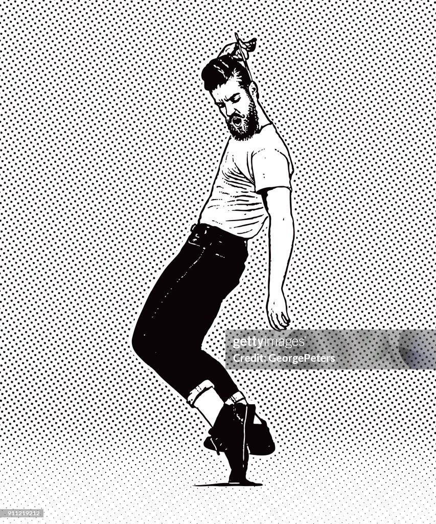 Jahrgang 1950 junge Hipster Mann tanzen und Haare zu kämmen