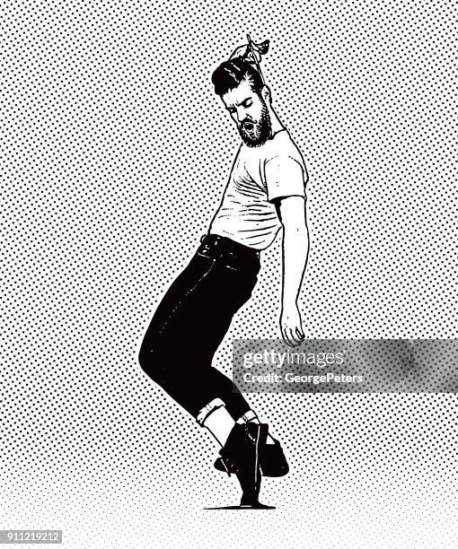 ilustrações de stock, clip art, desenhos animados e ícones de vintage 1950's young hipster man dancing and combing hair - swing dancing