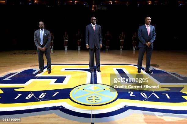 Robert Pack, Reggie Williams, and Tom Hammonds address the crowd during the game against the Dallas Mavericks on January 27, 2018 at the Pepsi Center...