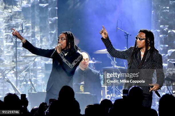 Recording artists Quavo and Takeoff of Migos performs onstage during the Clive Davis and Recording Academy Pre-GRAMMY Gala and GRAMMY Salute to...