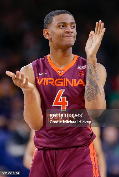Nickeil Alexander-Walker of the Virginia Tech Hokies reacts during the game against the Notre Dame Fighting Irish at Purcell Pavilion on January 27,...