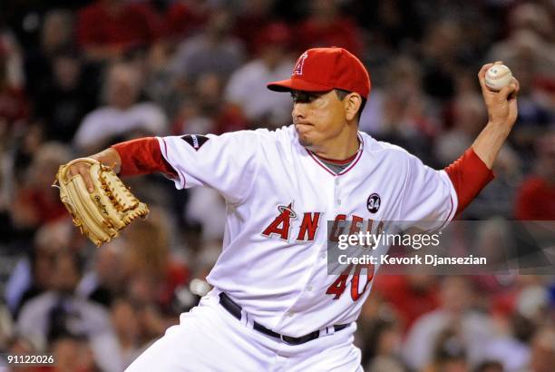 Brian Fuentes of the Los Angeles of Anaheim throws against the New York Yankees during the ninth inning of the baseball game on September 21, 2009 in...