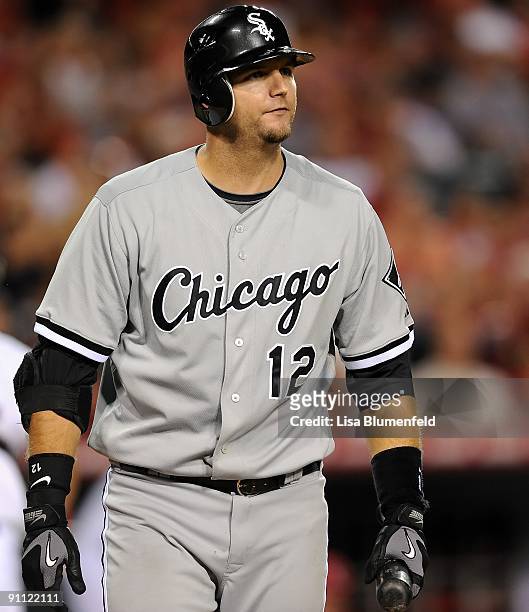 Pierzynski of the Chicago White Sox walks back to the dugout after striking out against the Los Angeles Angels of Anaheim at Angel Stadium of Anaheim...