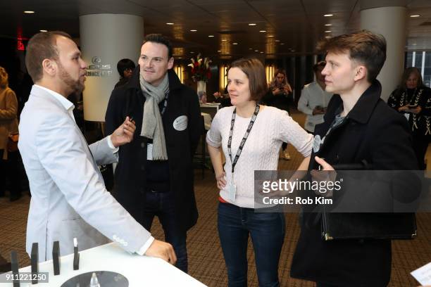 Singers James Arthur, Helen Ashby and Ben Hymas attends the GRAMMY Gift Lounge during the 60th Annual GRAMMY Awards at Madison Square Garden on...