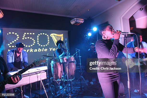 Singer Estelle performs onstage during the Arthurs Day Guinness 250th Anniversary Celebration held at the Odeon on September 24, 2009 in Dublin,...