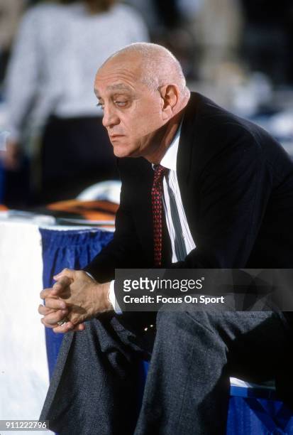Head coach Jerry Tarkanian of the UNLV Runnin' Rebels looks on against the Duke Blue Devils during the NCAA Men's Final Four Championship March 30,...