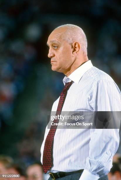 Head coach Jerry Tarkanian of the UNLV Runnin' Rebels looks on against the Duke Blue Devils during the NCAA Men's Final Four Championship March 30,...