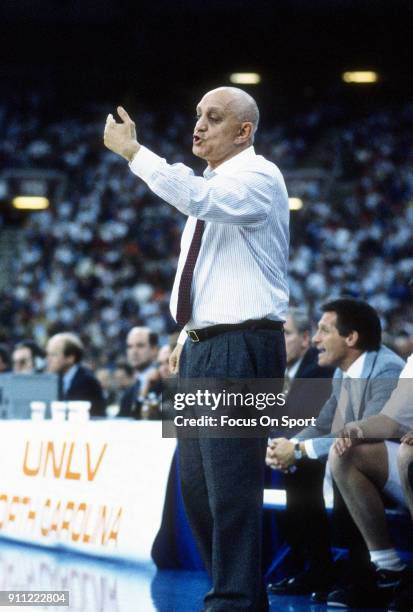 Head coach Jerry Tarkanian of the UNLV Runnin' Rebels looks on against the Duke Blue Devils during the NCAA Men's Final Four Championship March 30,...