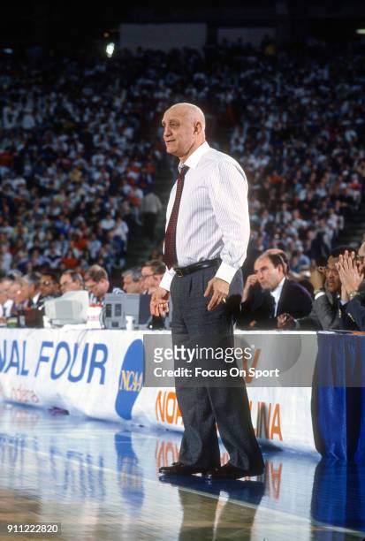 Head coach Jerry Tarkanian of the UNLV Runnin' Rebels looks on against the Duke Blue Devils during the NCAA Men's Final Four Championship March 30,...