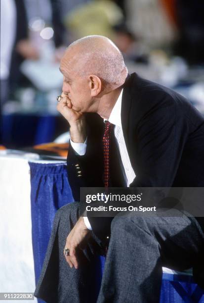 Head coach Jerry Tarkanian of the UNLV Runnin' Rebels looks on against the Duke Blue Devils during the NCAA Men's Final Four Championship March 30,...