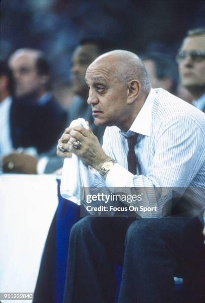 Head coach Jerry Tarkanian of the UNLV Runnin' Rebels looks on against the Duke Blue Devils during the NCAA Men's Final Four Championship March 30,...