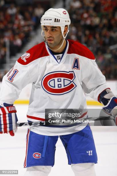 Scott Gomez of the Montreal Canadiens looks on against the Ottawa Senators during the preseason game at Scotiabank Place on September 19, 2009 in...