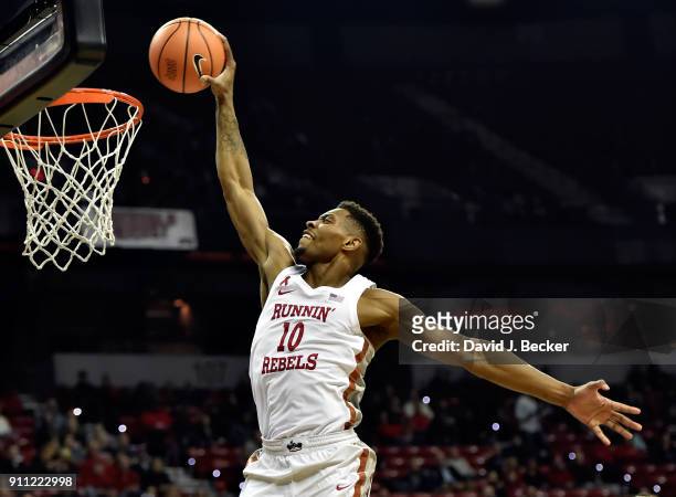 Shakur Juiston of the UNLV Rebels goes to dunk against the San Diego State Aztecs during a game at the Thomas & Mack Center on January 27, 2018 in...