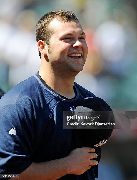 Pitcher Joba Chamberlain of the New York Yankees before the start of the baseball game against the Los Angeles Angels of Anaheim at Angel Stadium on...