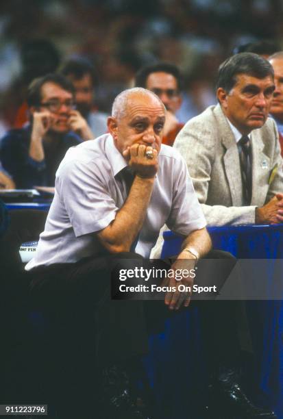 Head coach Jerry Tarkanian of the UNLV Runnin' Rebels looks on from the bench during an NCAA College basketball game circa 1987. Tarkanian coached at...